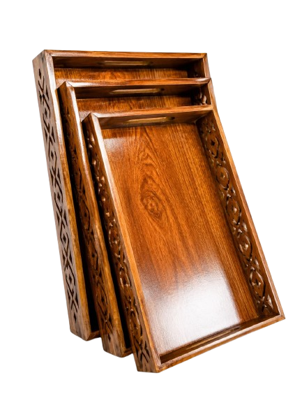 Wooden Floral Carved Tray Set