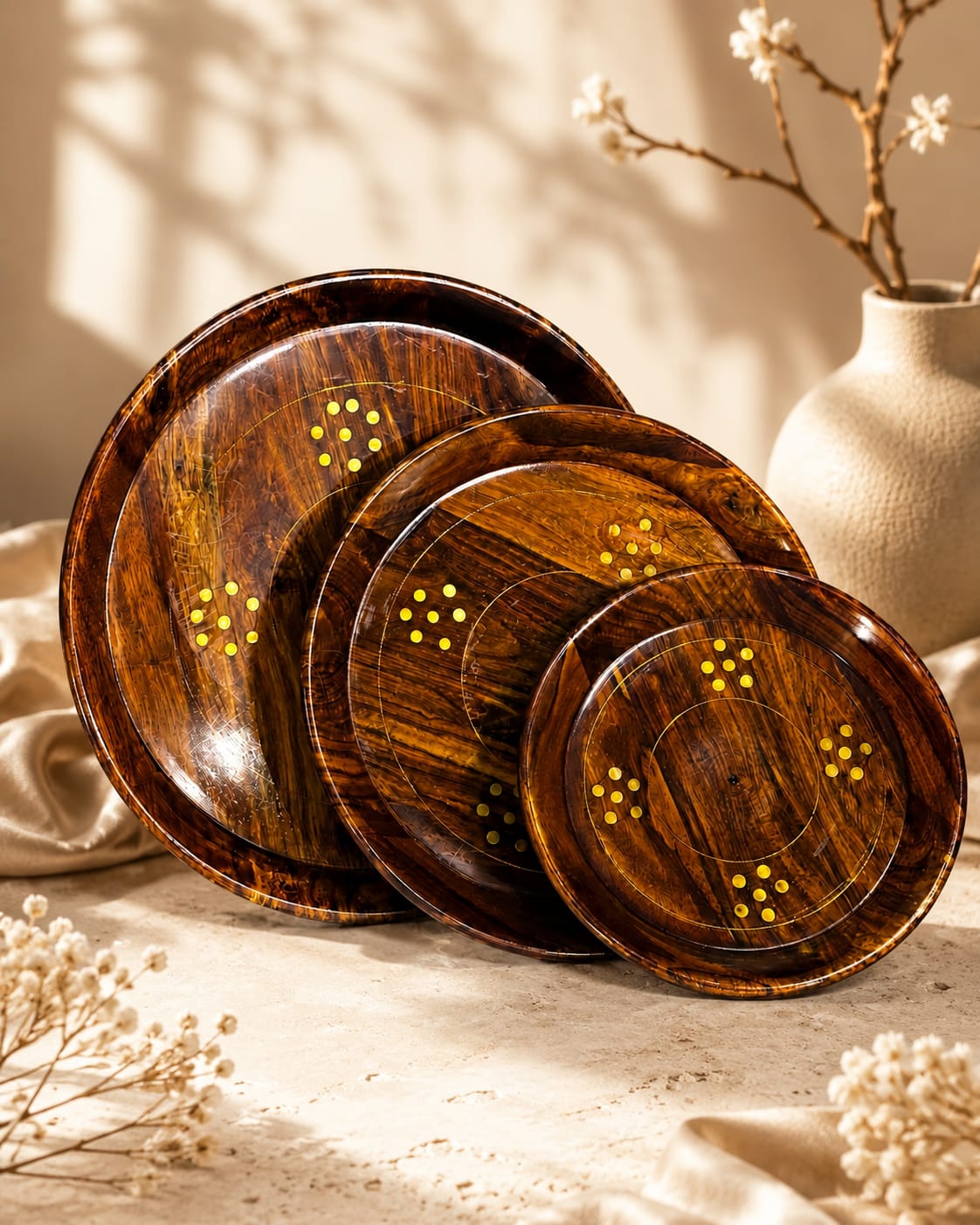 Round Wooden Tray Set (3-Piece)