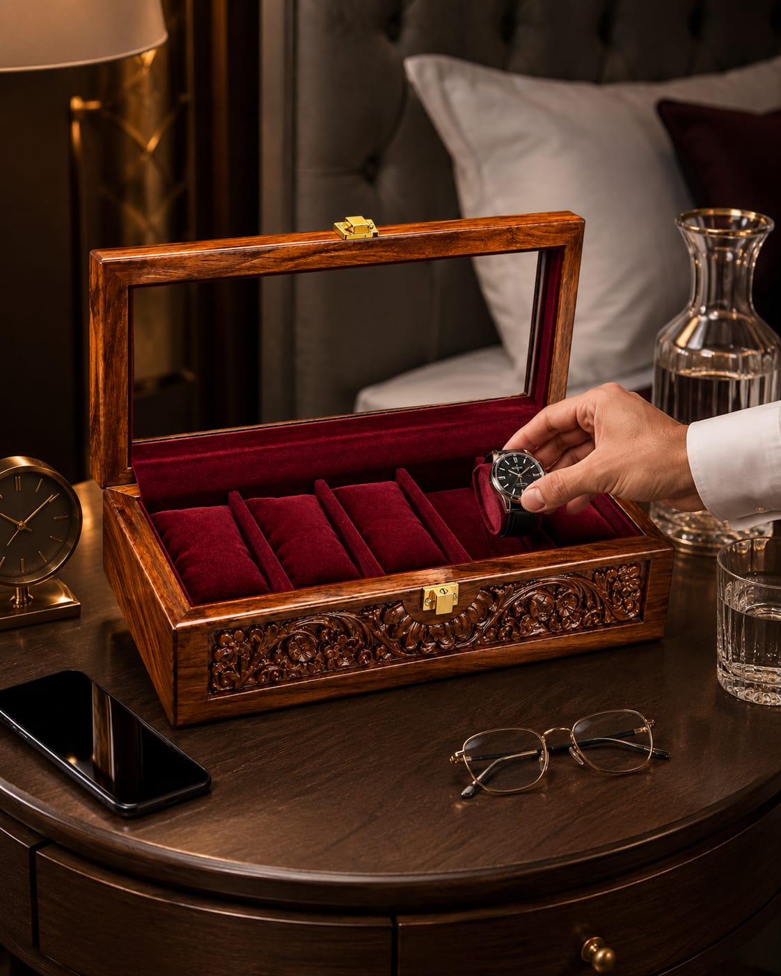 Heritage Hand-Carved Wooden Watch Display Box – 5 Slot Luxury Organizer