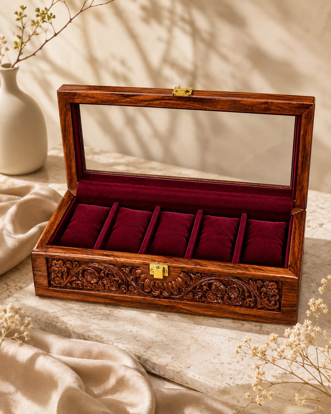 Heritage Hand-Carved Wooden Watch Display Box – 5 Slot Luxury Organizer