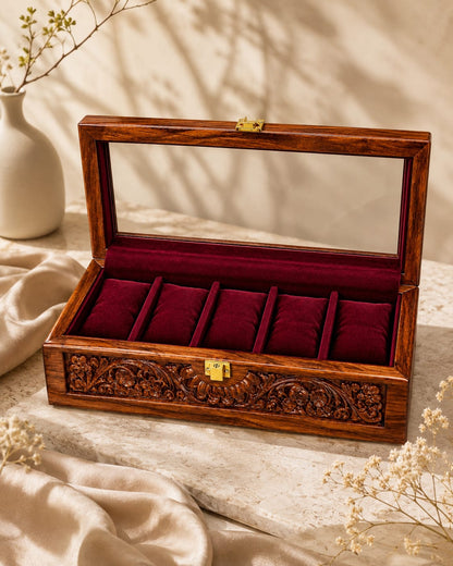 Heritage Hand-Carved Wooden Watch Display Box – 5 Slot Luxury Organizer