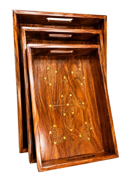 Wooden Gold Inlay Serving Tray Set