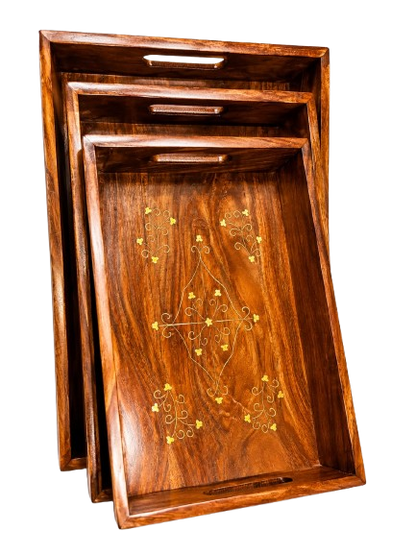 Wooden Gold Inlay Serving Tray Set