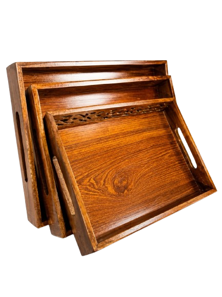 Wooden Floral Carved Tray Set