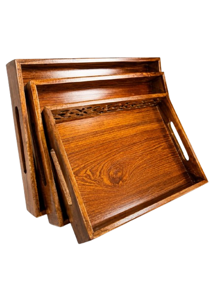 Wooden Floral Carved Tray Set