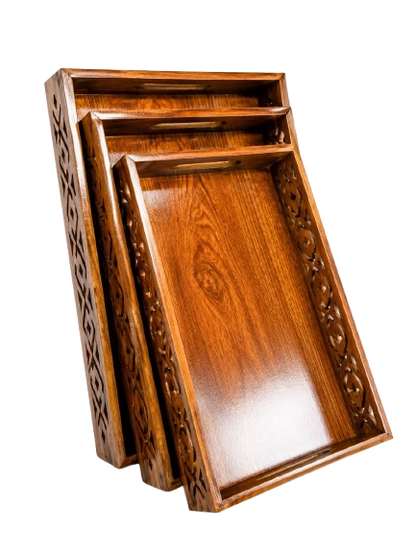Wooden Floral Carved Tray Set