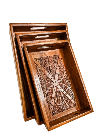 Wooden Carved Serving Tray Set