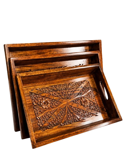 Wooden Carved Serving Tray Set