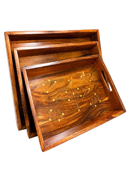 Wooden Gold Inlay Serving Tray Set