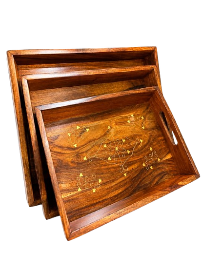 Wooden Gold Inlay Serving Tray Set